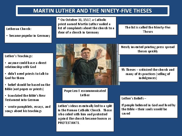MARTIN LUTHER AND THE NINETY-FIVE THESES Lutheran Church: • became popular in Germany *