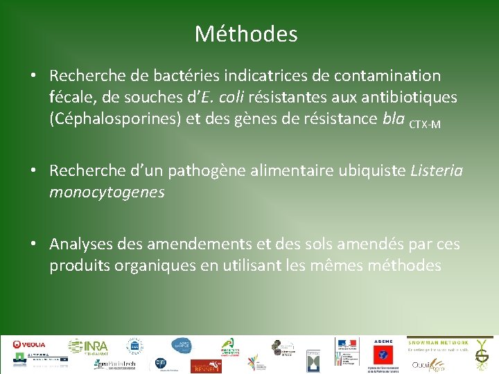 Méthodes • Recherche de bactéries indicatrices de contamination fécale, de souches d’E. coli résistantes