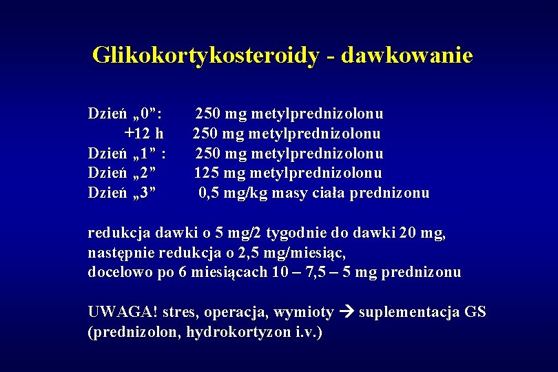 Glikokortykosteroidy - dawkowanie Dzień „ 0”: +12 h Dzień „ 1” : Dzień „