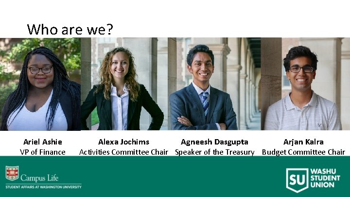 Who are we? Ariel Ashie VP of Finance Alexa Jochims Agneesh Dasgupta Arjan Kalra