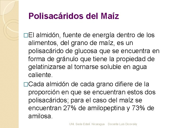 Polisacáridos del Maíz �El almidón, fuente de energía dentro de los alimentos, del grano