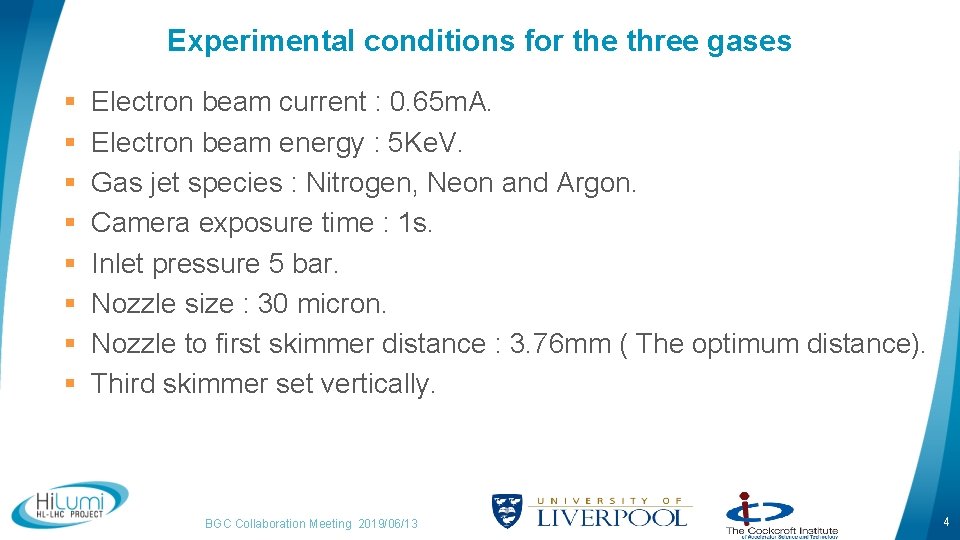 Experimental conditions for the three gases § § § § Electron beam current :