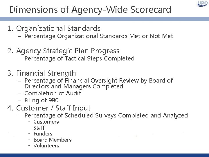 Dimensions of Agency-Wide Scorecard 1. Organizational Standards – Percentage Organizational Standards Met or Not