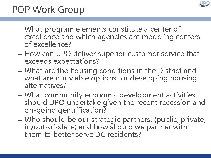 POP Work Group – What program elements constitute a center of excellence and which