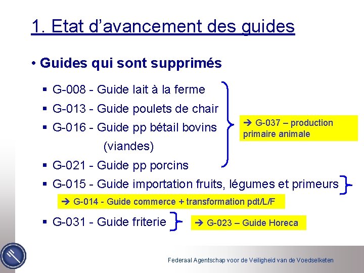 1. Etat d’avancement des guides • Guides qui sont supprimés § G-008 - Guide