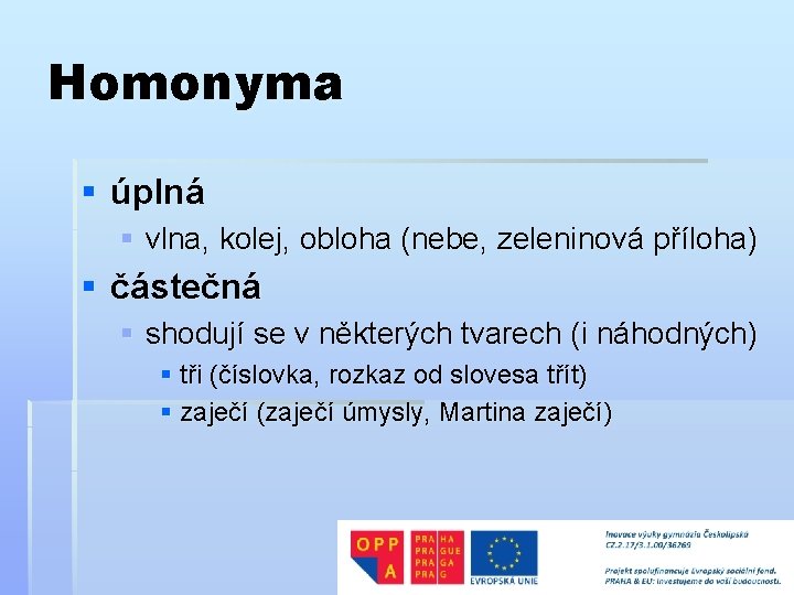 Homonyma § úplná § vlna, kolej, obloha (nebe, zeleninová příloha) § částečná § shodují