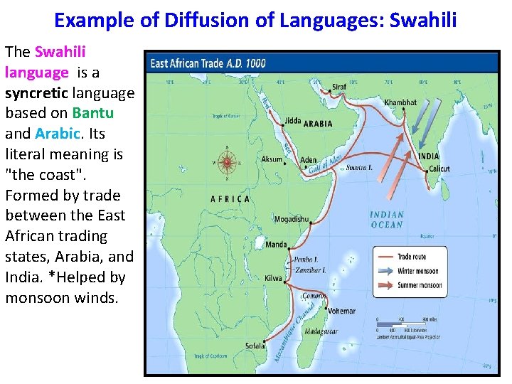 Example of Diffusion of Languages: Swahili The Swahili language is a syncretic language based