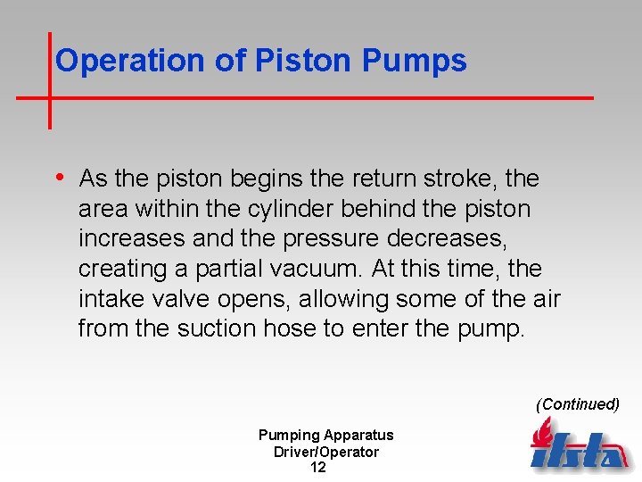 Operation of Piston Pumps • As the piston begins the return stroke, the area