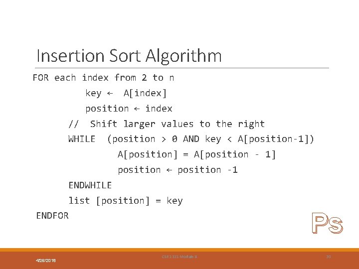 Insertion Sort Algorithm FOR each index from 2 to n key ← A[index] position