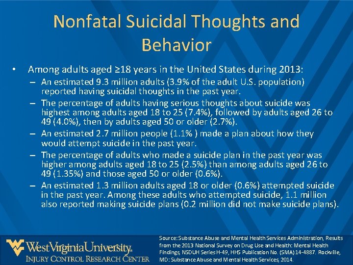 Nonfatal Suicidal Thoughts and Behavior • Among adults aged ≥ 18 years in the