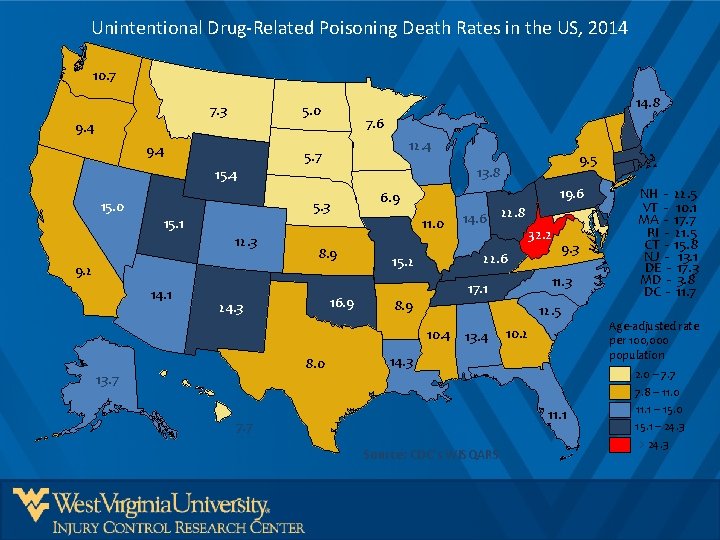 Unintentional Drug-Related Poisoning Death Rates in the US, 2014 10. 7 7. 3 14.