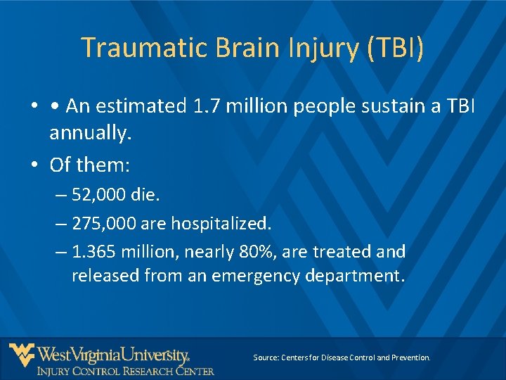 Traumatic Brain Injury (TBI) • • An estimated 1. 7 million people sustain a