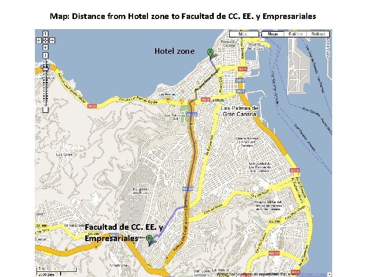 Map: Distance from Hotel zone to Facultad de CC. EE. y Empresariales Hotel zone