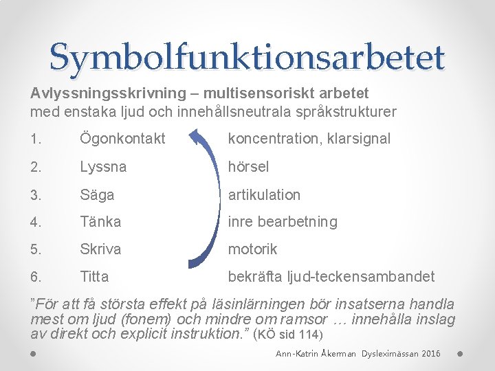 Symbolfunktionsarbetet Avlyssningsskrivning – multisensoriskt arbetet med enstaka ljud och innehållsneutrala språkstrukturer 1. Ögonkontakt koncentration,