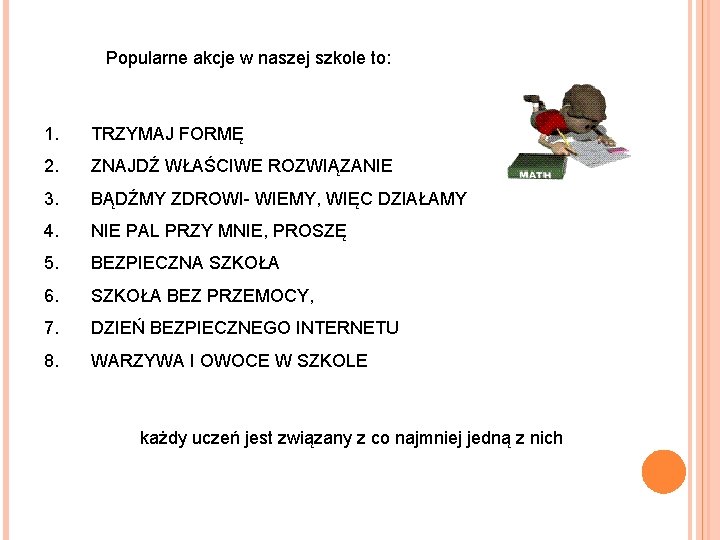 Popularne akcje w naszej szkole to: 1. TRZYMAJ FORMĘ 2. ZNAJDŹ WŁAŚCIWE ROZWIĄZANIE 3.
