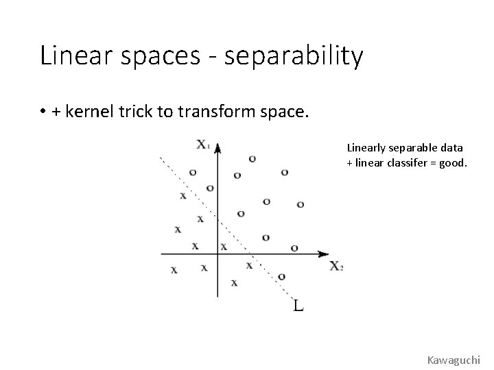 Linear spaces - separability • + kernel trick to transform space. Linearly separable data