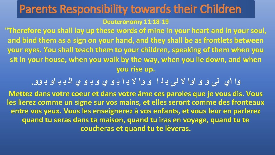 Parents Responsibility towards their Children Deuteronomy 11: 18 -19 "Therefore you shall lay up