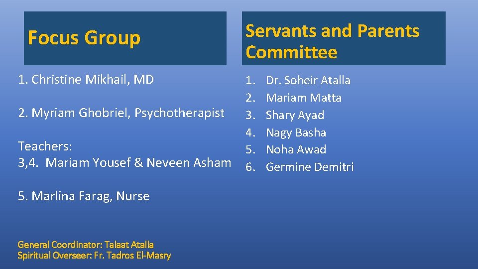 Focus Group 1. Christine Mikhail, MD 2. Myriam Ghobriel, Psychotherapist Teachers: 3, 4. Mariam