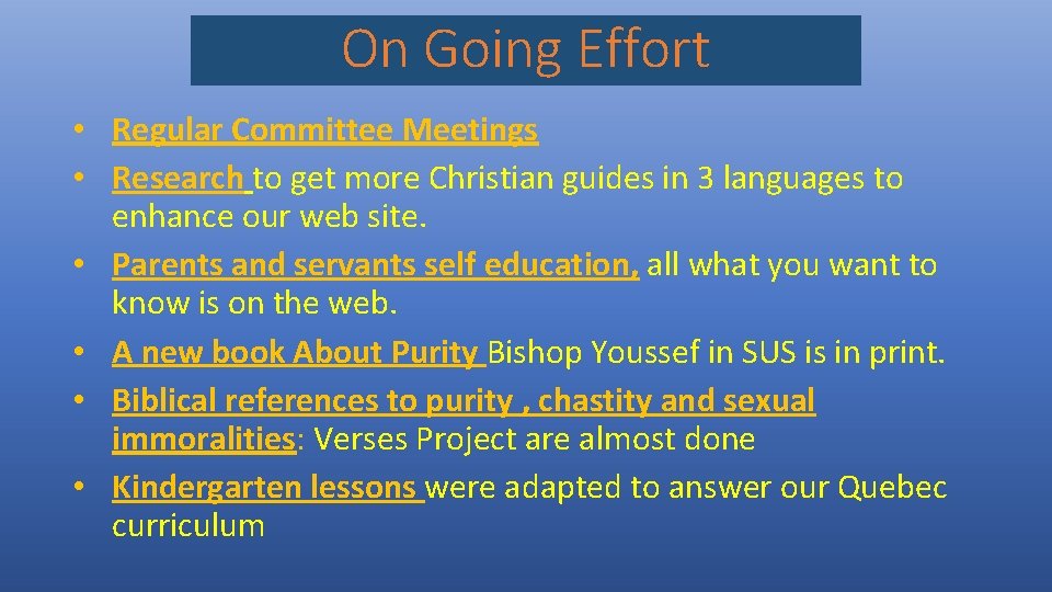 On Going Effort • Regular Committee Meetings • Research to get more Christian guides