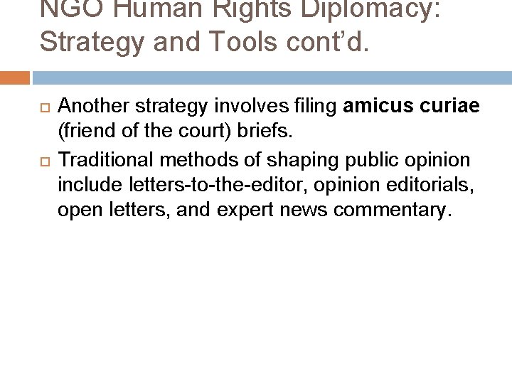 NGO Human Rights Diplomacy: Strategy and Tools cont’d. Another strategy involves filing amicus curiae