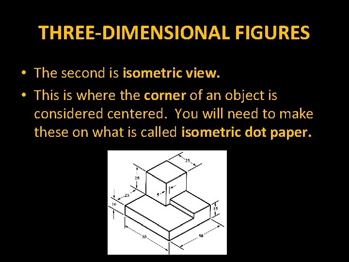THREE-DIMENSIONAL FIGURES • The second is isometric view. • This is where the corner
