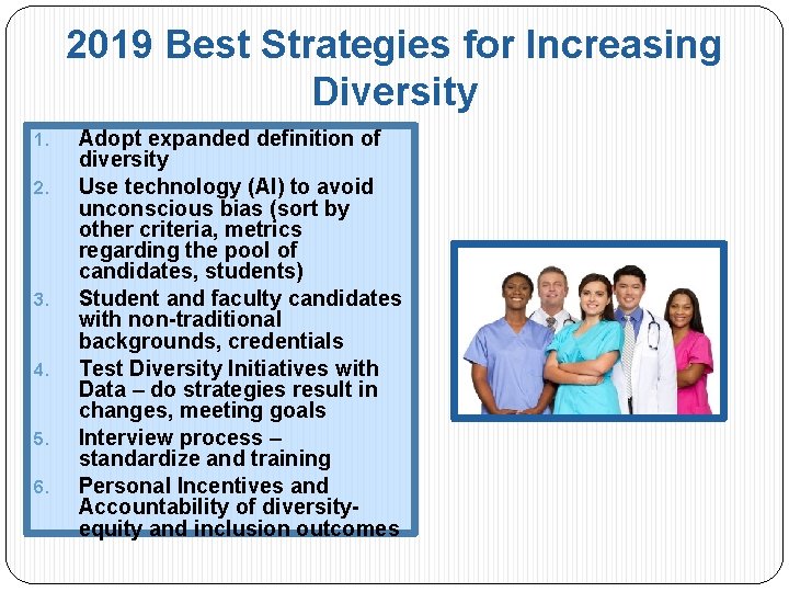 2019 Best Strategies for Increasing Diversity 1. 2. 3. 4. 5. 6. Adopt expanded