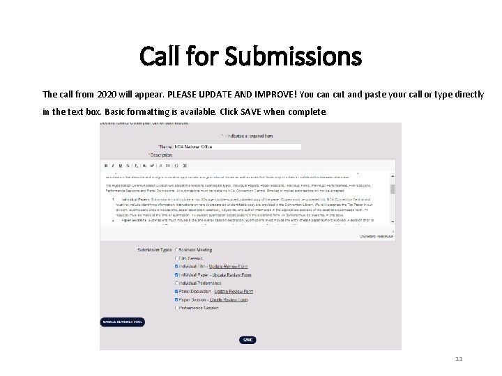 Call for Submissions The call from 2020 will appear. PLEASE UPDATE AND IMPROVE! You