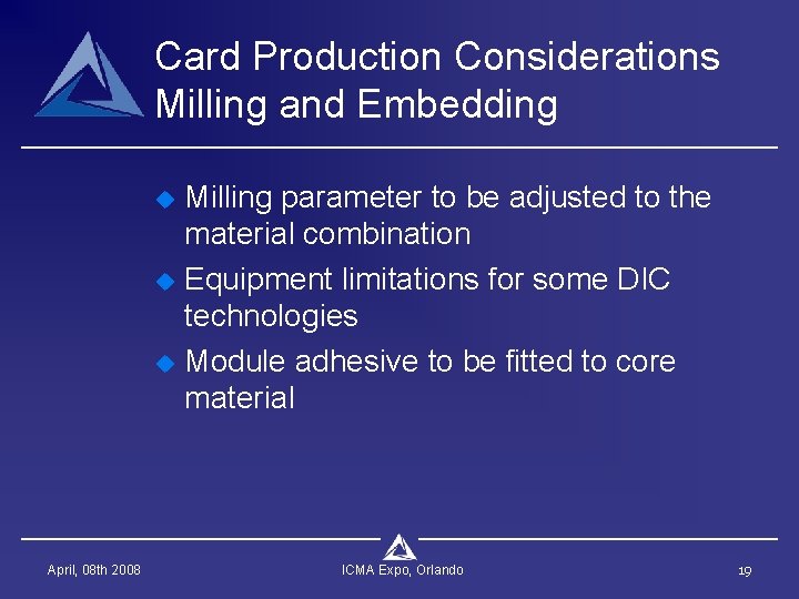 Card Production Considerations Milling and Embedding u u u April, 08 th 2008 Milling