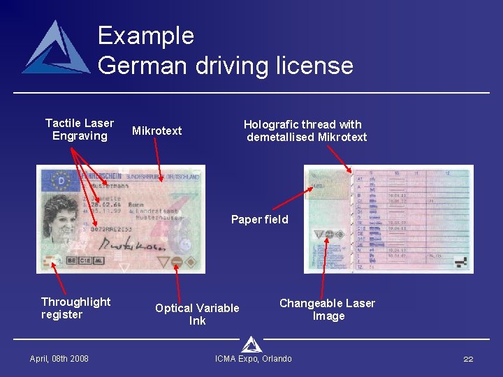 Example German driving license Tactile Laser Engraving Holografic thread with demetallised Mikrotext Paper field