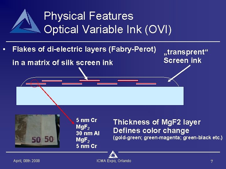 Physical Features Optical Variable Ink (OVI) • Flakes of di-electric layers (Fabry-Perot) „transprent“ Screen
