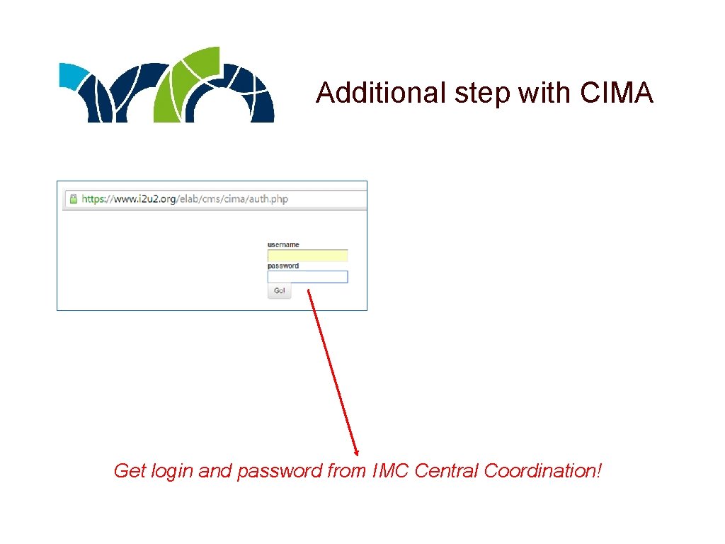 Additional step with CIMA Get login and password from IMC Central Coordination! 