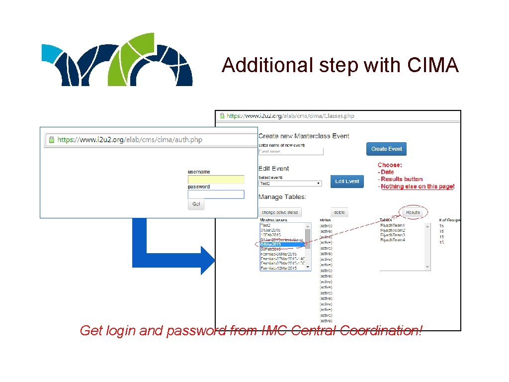 Additional step with CIMA Get login and password from IMC Central Coordination! 