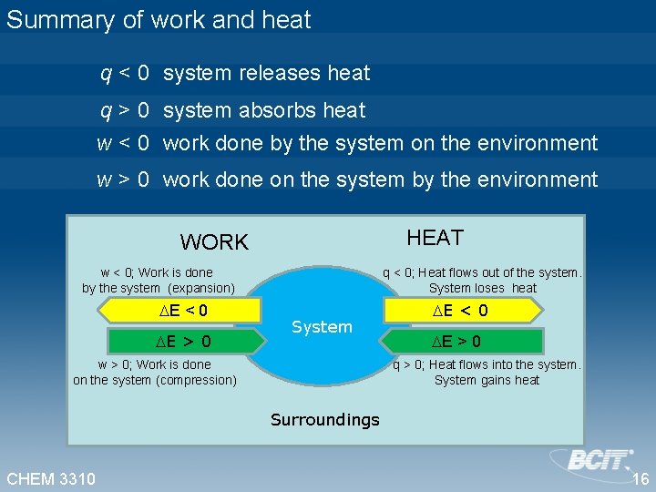 Summary of work and heat q < 0 system releases heat q > 0
