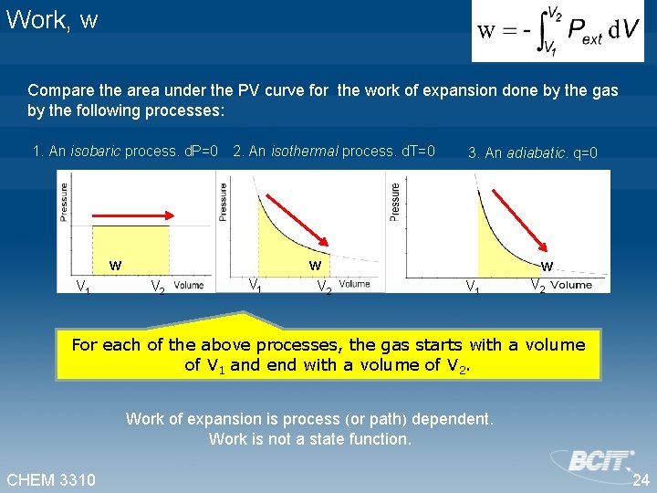 Work, w Compare the area under the PV curve for the work of expansion