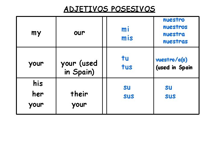ADJETIVOS POSESIVOS my your his her your (used in Spain) their your mi mis