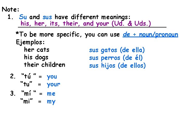 Note: 1. Su and sus have different meanings: his, her, its, their, and your