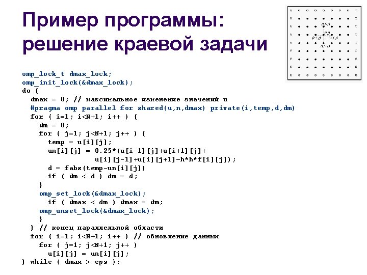 Пример программы: решение краевой задачи omp_lock_t dmax_lock; omp_init_lock(&dmax_lock); do { dmax = 0; //