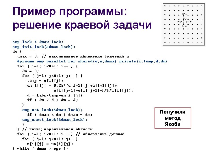 Пример программы: решение краевой задачи omp_lock_t dmax_lock; omp_init_lock(&dmax_lock); do { dmax = 0; //