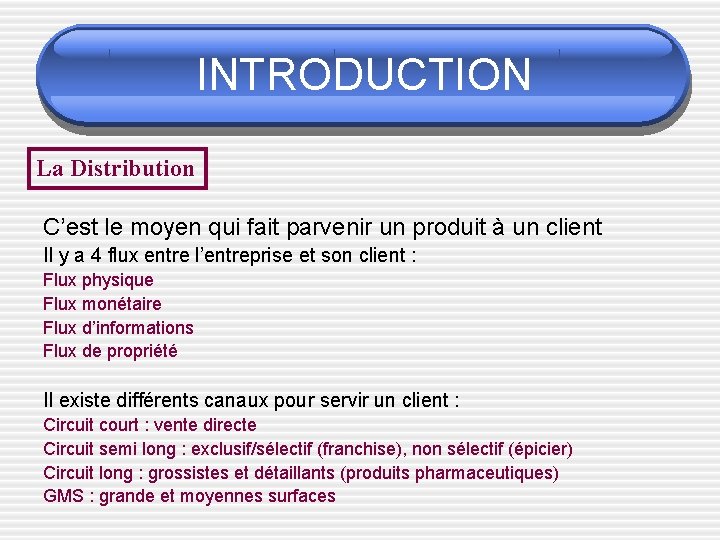 INTRODUCTION La Distribution C’est le moyen qui fait parvenir un produit à un client