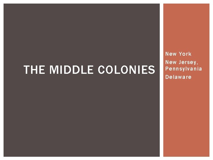 THE MIDDLE COLONIES New York New Jersey, Pennsylvania Delaware 