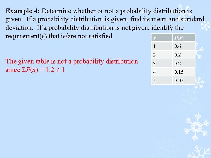Example 4: Determine whether or not a probability distribution is given. If a probability