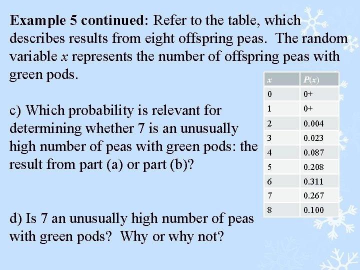 Example 5 continued: Refer to the table, which describes results from eight offspring peas.