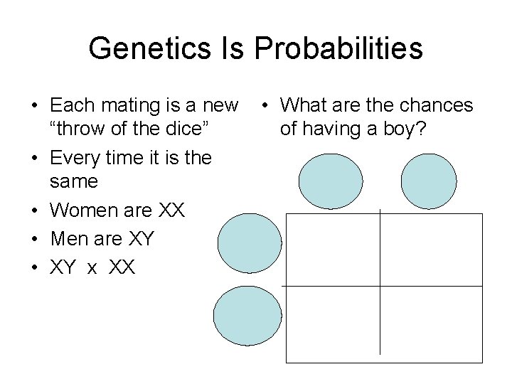 Genetics Is Probabilities • Each mating is a new “throw of the dice” •