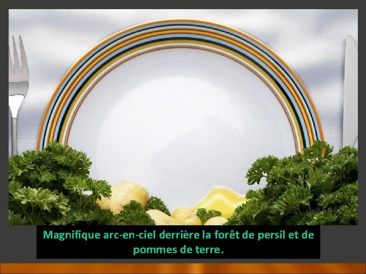 Magnifique arc-en-ciel derrière la forêt de persil et de pommes de terre. 