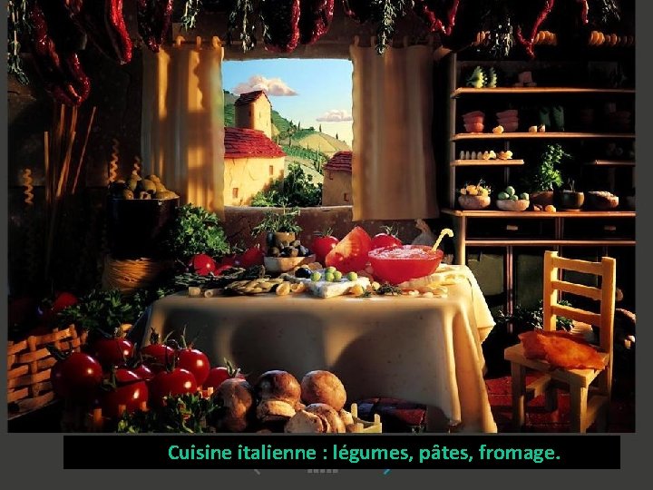 Cuisine italienne : légumes, pâtes, fromage. 