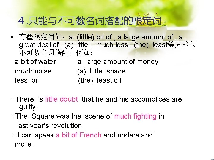 ４. 只能与不可数名词搭配的限定词 • 有些限定词如：a (little) bit of , a large amount of , a