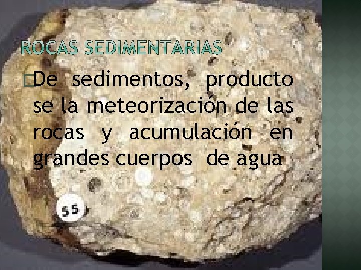 �De sedimentos, producto se la meteorización de las rocas y acumulación en grandes cuerpos