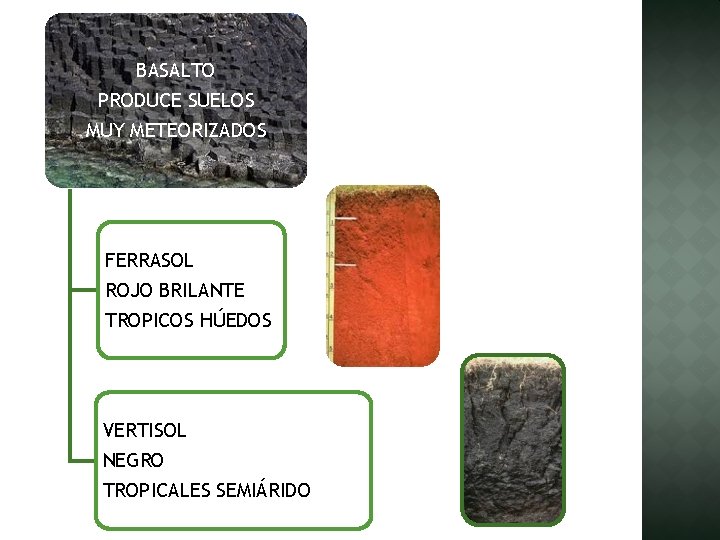 BASALTO PRODUCE SUELOS MUY METEORIZADOS FERRASOL ROJO BRILANTE TROPICOS HÚEDOS VERTISOL NEGRO TROPICALES SEMIÁRIDO