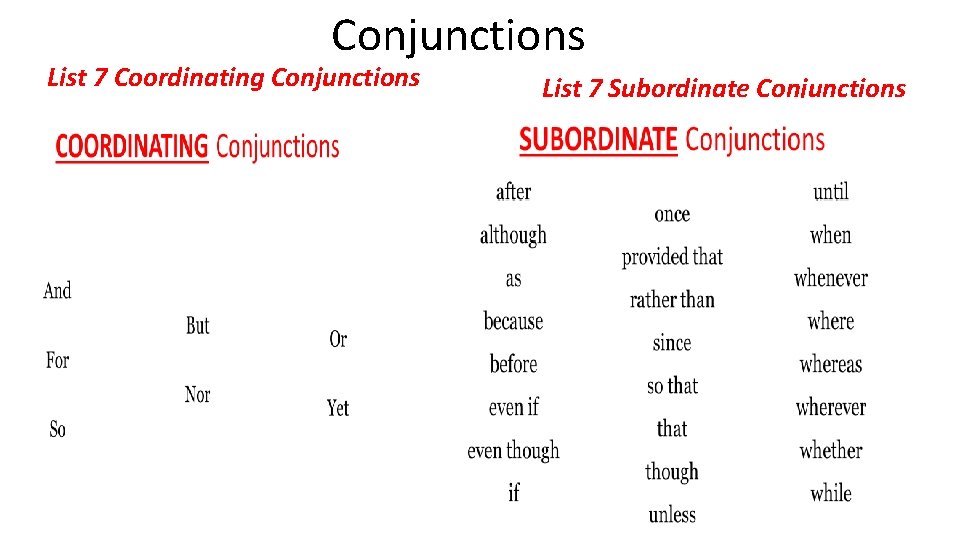 Conjunctions List 7 Coordinating Conjunctions List 7 Subordinate Conjunctions 