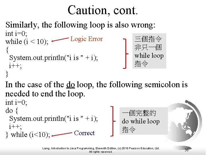Caution, cont. Similarly, the following loop is also wrong: int i=0; Logic Error while